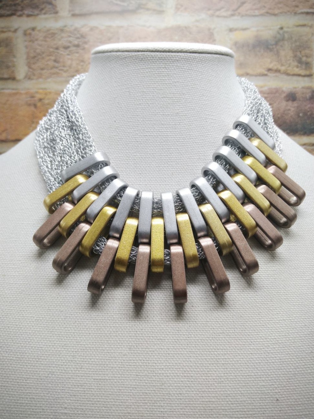 Modern Multi-Color Statement Necklace - Silver, Gold & Bronze